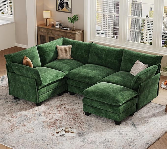 KKL Modular Sectional Sofa, J-Shaped 5 Seater Convertible L-Shaped Cloud Couch with Ottoman, Chenille Modern Sectional Couches for Living Room, Apartment Green