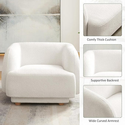 VANOMi Oversized Living Room Chair, Modern Comfy Accent Barrel Chairs, Single Sofa Chair with Wood Legs, Upholstered Armchair for Bedroom, Office, Waiting Room (White)
