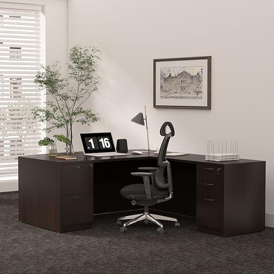 GINO Collection, 67" W L Shape Executive Office Desk with Two File Cabint - Right Return