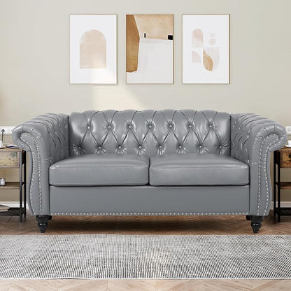 Loveseat Sofa Couch, Modern PU Leather Upholstered Sofa, Oversized Comfy 2 Seater Love Seat Couch with Cushions, Mid Century Tufted Chesterfield Sofa for Living Room, Bedroom, Apartment (Grey)