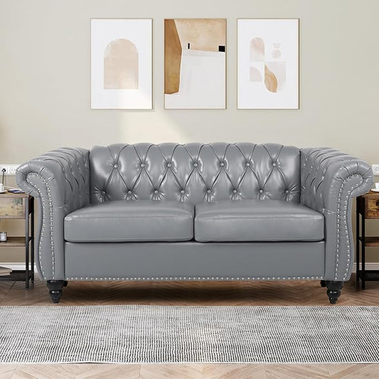 Loveseat Sofa Couch, Modern PU Leather Upholstered Sofa, Oversized Comfy 2 Seater Love Seat Couch with Cushions, Mid Century Tufted Chesterfield Sofa for Living Room, Bedroom, Apartment (Grey)