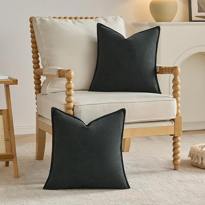 FUTEI Black Chenille Throw Pillow Covers 20x20 Inch Set of 2,Edges Double-Stitched Cushion Cases,Modern Home Decor for Couch Living Room