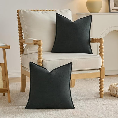 FUTEI Black Chenille Throw Pillow Covers 22x22 Inch Set of 2,Edges Double-Stitched Cushion Cases,Modern Home Decor for Couch Living Room