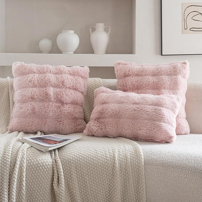 Neelvin Pink Faux Fur Cozy Soft Double-Sided Decorative Throw Pillow Covers 24x24 inch Set of 2,Velvet Pillowcase Cushion Case for Sofa Couch