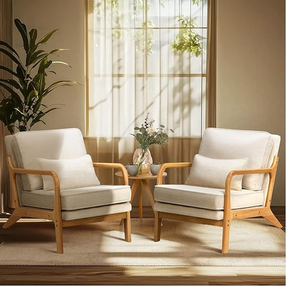 COLAMY Modern Accent Chair with with Solid Wood Frame, Mid Century Reading Leisure Armchair Lumbar Pillow& Soft Cushion, Relaxing Chair for Living Room,Bedroom,Waiting Room（Beige）