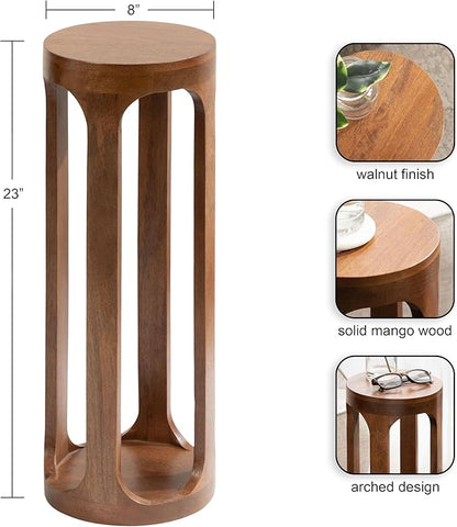 Kate and Laurel Dahl Wooden Round Drink Table; 8 x 23; Walnut Brown; Mid-Century Modern Circle Wood Accent Pedestal Table for Living Room Plant Stand or Small Bedroom Nightstand