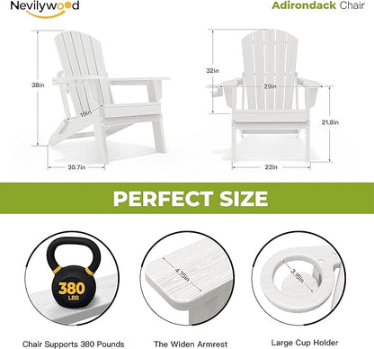 nevilywood Folding Adirondack Chair - Extended Ergonomic Backrest, Cup Holder - Easy Assembly - Durable HDPE Plastic, Weather Resistant & Maintenance-Free - Lawn, Patio, Deck Supports 380lbs White