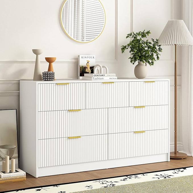 3-Piece Modern Bedroom Furniture Set, Wide 7-Drawer Dresser & 2-Drawer Nightstands Set of 2, Natural Wood Dresser and Nightstand Sets for Bedroom, Hallway, White