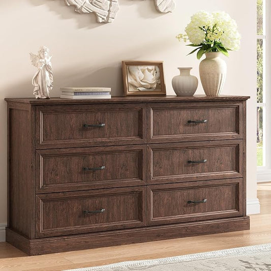 Farmhouse 6 Drawer Dresser for Bedroom, 55 Inch Wide Modern Brown Dresser TV Stand with Large Drawers & Bar Handles, Rustic Wood Chest of Drawers for Bedroom, Living Room, Hallway