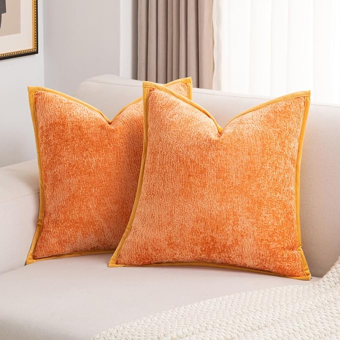 FUTEI Orange Chenille Throw Pillow Covers 22x22 Inch Set of 2,Soft Cozy Bound Edge Design Cushion Case,Home Decor for Couch Bed Living Room
