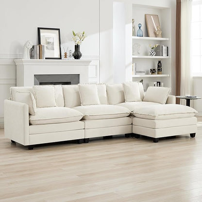 111'' Sectional Cloud Deep Seat Couch, Modern Comfy Chenille L Shaped Sectional Sofa for Living Room Set, Upholstered Modular 4-Seats Sofa Couch with Movable Ottoman, Beige