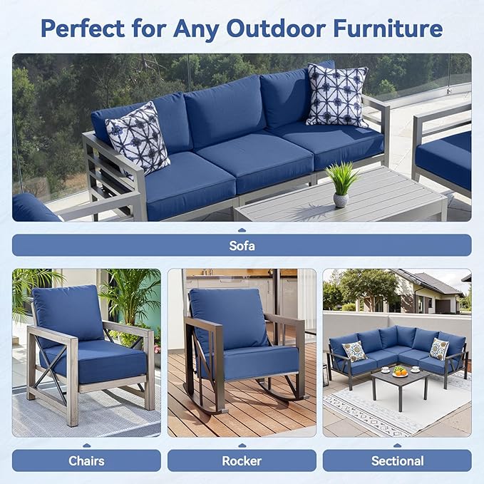 Luxury 6" Outdoor Cushions for Patio Furniture, 24x24x6" Thick Seat Cushion Set of 3, Fade Resistant Couch Chair Replacement Cushions High Density Deep Wicker Chair Cushion w/ Removable Cover, Blue