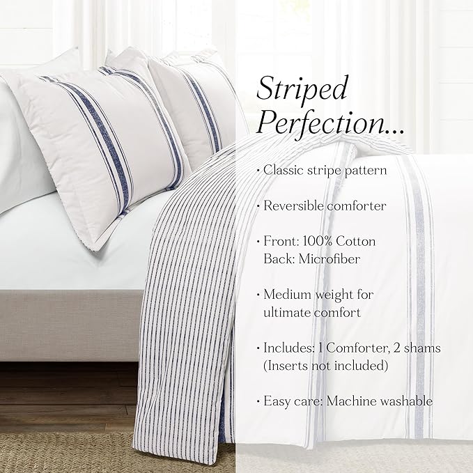 Lush Decor Farmhouse Stripe Reversible Cotton Comforter Set, 3 Piece Set, California King, Navy - Cozy Farmhouse Bedding Set - Rustic Decor - Striped Comforter - Modern Farmhouse Bedroom Decor