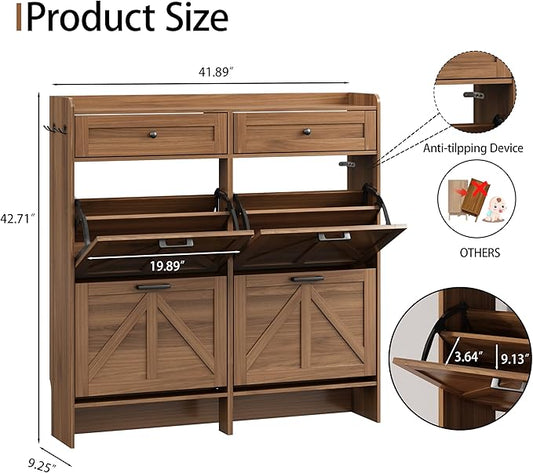 Shoe Cabinet with 4 Flip Drawers & 2 Top Drawers, 43" Tall Freestanding Narrow Wooden Shoe Storage Organizer for Entryway, Hidden Slim Shoe Rack for Front Door Entrance, Hallway, Living Room, Walnut