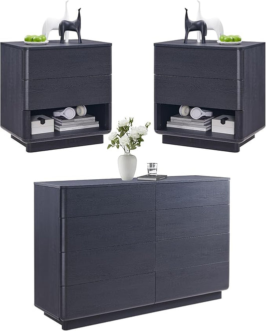 ACCOHOHO Modern Bedroom Set, 3 Pieces Bedroom Furniture Set, Wood 8 Drawer Dresser and Nightstands Set of 2, Chest of Drawers Wide Storage Organizer Cabinet for Bedroom,Black