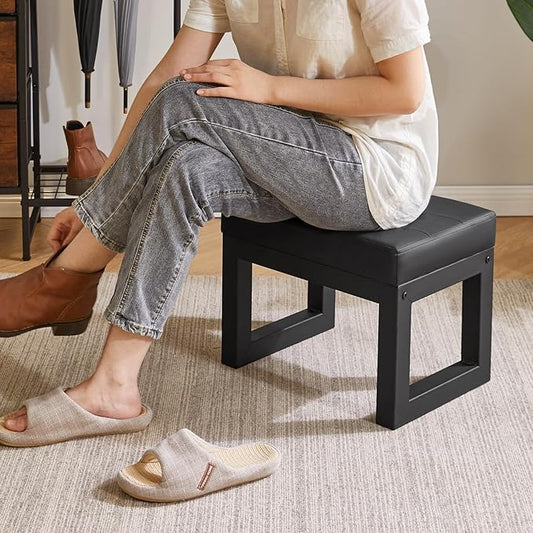 IBUYKE 16 Inch Small Foot Stool Ottoman, Rectangle PU Faux Leather Foot Rest with Padded Seat and Metal Legs, Modern Ottoman Foot Rest for Living Room Bedroom Entryway Couch, Black WBD026B
