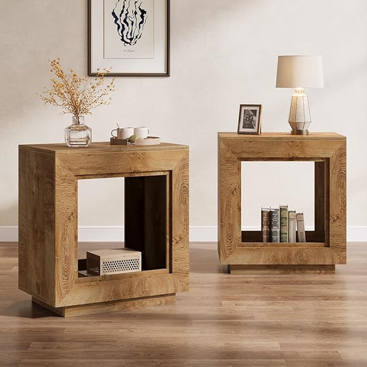 Tribesigns Rustic Brown End Table, 24" Side Table with Storage Shelf, Farmhouse Style Nightstand Bedside Table for Small Spaces, Bedroom, Living Room, Entryway, Easy Assembly (2, Natural)