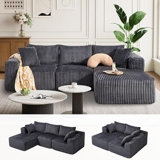 BV 102" Modern Modular Sectional Sofa,Cloud Couch Sectional with Chaise,Comfy Upholstered L-Shape Sofa for Living Room, Deep Seat Boneless Couch, No Assembly Required,Grey