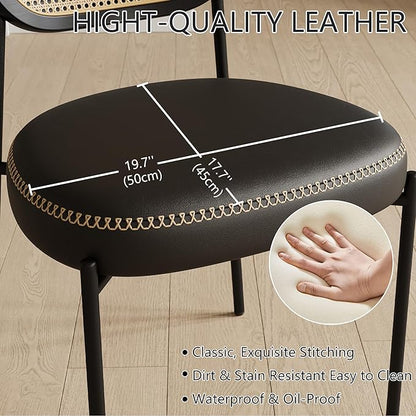 Rattan Dining Chairs Set of 2, Black Leather Upholstered Dining Chairs with Rattan Cane Back, Mid Century Modern Dining Room Chairs with Black Metal Legs & D-Shaped Thicken Cushion