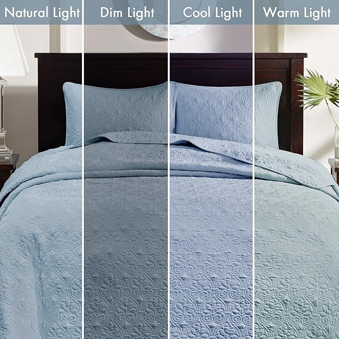 Madison Park Quebec Reversible Quilt Set Damask Design, Double Sided Stitching All Season, Lightweight Bedspread Bedding Set, Matching Sham, Blue, Queen(102"x118") 3 Piece