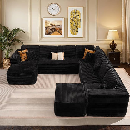 146'' Oversized Boneless Sectional Couch, U Shaped Cloud Couches with Chaise & Ottoman, Plush Corduroy 8 Seater Deep Seat Modular Sofa Sets for Living Room, No Assembly Required, Black