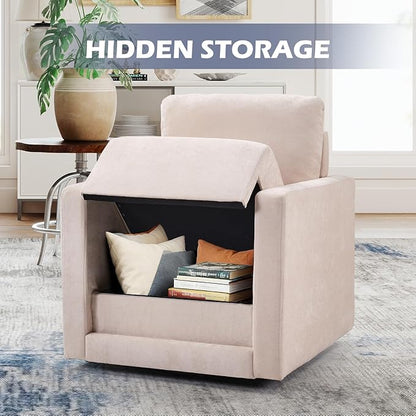 INZOY Swivel Accent Chair, Comfy 360° Swivel Chair with Hidden Storage, Upholstered Chenille Square Chair for Living Room Bedroom Small Spaces, Fully Assembled, Beige