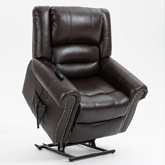 Luxlen Power Lift Recliner Chair for Elderly, Dual Motor Massage Recliner with Lumbar Heat, Heavy Duty Motion Mechanism Lift Chair with Charge Ports, Genuine Leather - Antique Brown