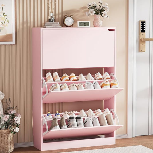 Shoe Storage Cabinet, Wood Shoe Organizer for Entryway with 3 Flip Drawers, Freestanding Shoe Rack with Adjustable Shelf, Narrow Shoe Dresser for Front Door Entrance(Pink, 47.2" x 31.5" x 9.25")