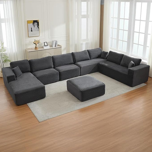 Modular Sectional Cloud Couch for Living Room,Modern Boneless Couche Set with Plush Corduroy,Comfy Floor Sofa with Memory Foam,Stupendous U Shaped Sofa with Ottoman,No Assembly Required,Grey