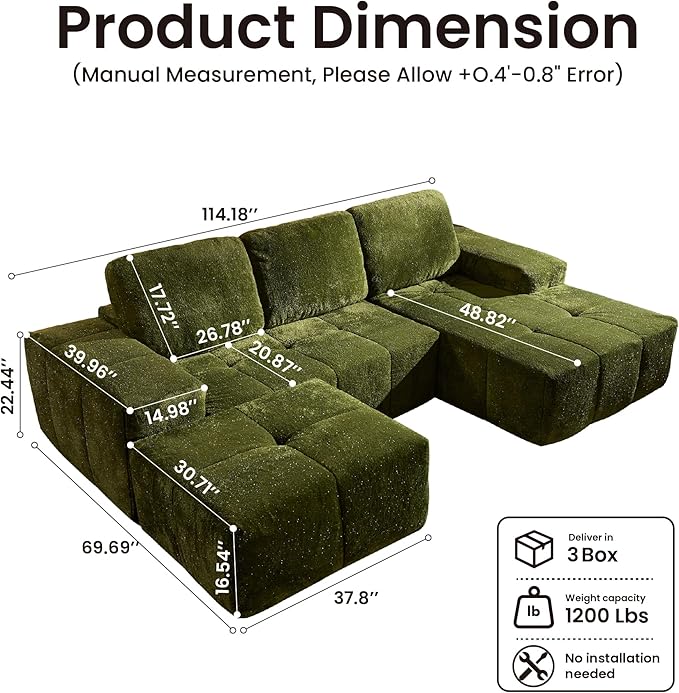 114" Glitter Cloud Sectional Couch with L-Shape Chaise & Ottoman, Modern Boneless Couches for Living Room, Fluffy Tufted Deep Seat Modular Sofa No Assembly (Green Sparkly Velvet,Right Facing)