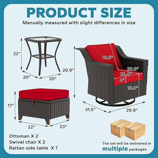 5 Pieces Patio Conversation Furniture Set - Swivel Chairs with Ottomans Set of 2, 1 Side Table, Outdoor Wicker Furniture Set with Washable Cushions for Porch, Balcony, Sunroom (Red)