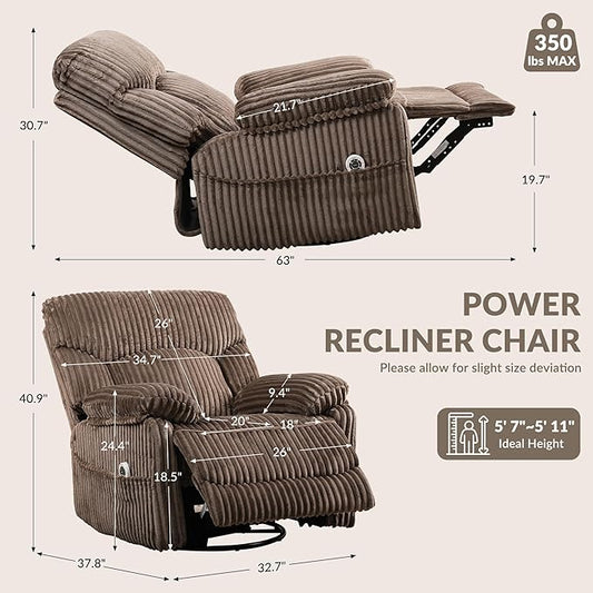 GRAINELL Swivel Rocker Recliner Chair with Massage and Heat, USB Charging Port, Infinite Position Power Recliner, Electric Glider Rocking Chairs for Living Room, Nursery (Brown)