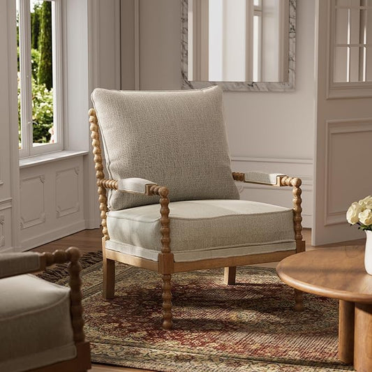 Morden Fort Linen Fabric Spindle Accent Chair with Wood Frame, French Style Accent Chairs with Padded Spring Seat and Armrest Pads, Brushed Base for Living Room Bedroom Farmhouse Office Balcony(Beige)