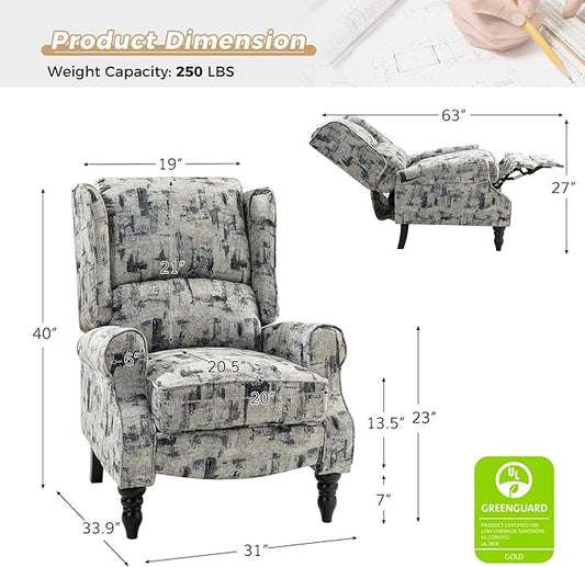 HULALA HOME Upholstered Wingback Recliner Chair, Small Adjustable Footrest Push Back Single Reclining Sofa, Mid Century Modern Lounge Armchair for Living Room, Bedroom, Reading/Grey