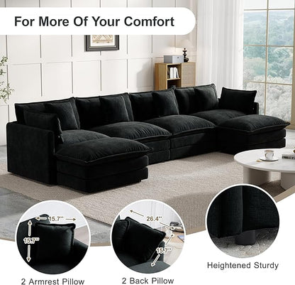 Modular Sectional Sofa, 146.5 Inch U-Shaped Cloud Sofa with Deep Seat Chenille Sofa with Cushions, Four Seater Sectional Sofa for Living Room Apartment,Black