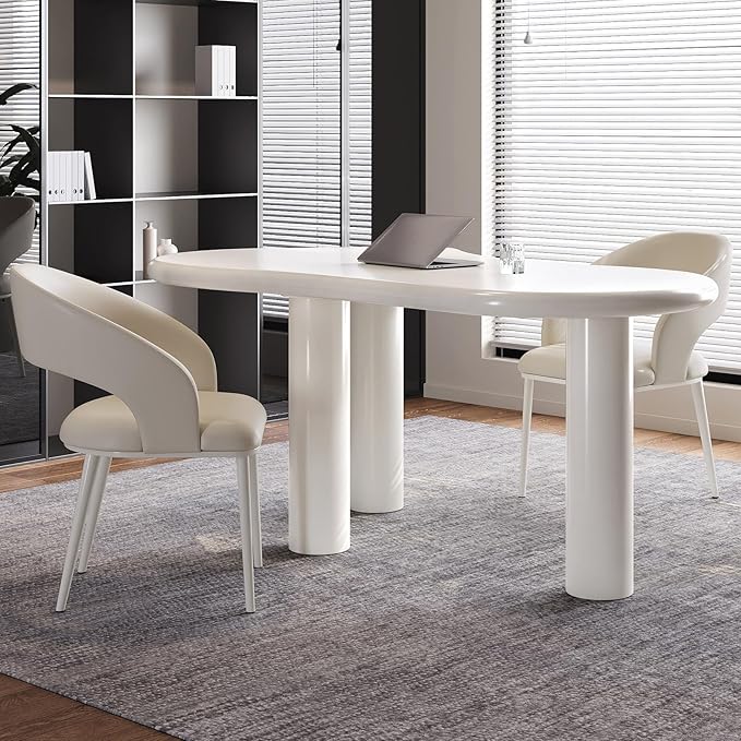 Modern Cream-White Office Desk with Beige Business Chair, Large Computer Table Set, Minimalist and Sturdy Workstation and Workstation, Ideal for Office, Home Office, and Gaming (Desk with One Chair)