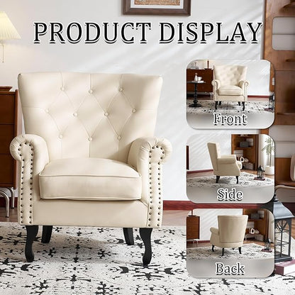 Modern Accent Chair Set of 2, Mid-Century PU Leather Armchair with Solid Wood Legs, Single Sofa Chair for Living Room, Bedroom, Leisure Room, or Reading Room(Ivory White)