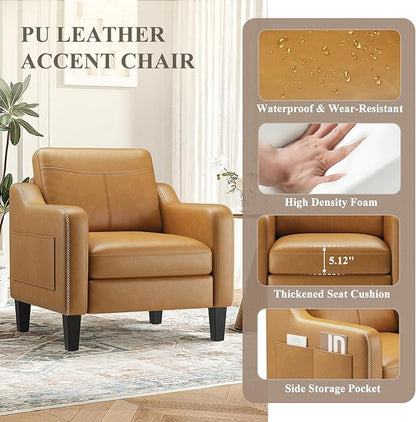 PU Leather Accent Chair Set of 2, Mid-Century Modern Living Room Armchair Sofa with Removable Cushions, Solid Wood Frame & Stitched Armrest Design, Bedroom Chair with Plastic Legs, Brown