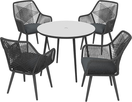 JOIVI 5 Piece Outdoor Dining Set, Wicker Patio Furniture Dining Chairs and Table Set with Cushions for 4 People, Tempered Glass Tabletop with 2.16” Umbrella Hole, for Lawn, Backyard,with Gray Cushions