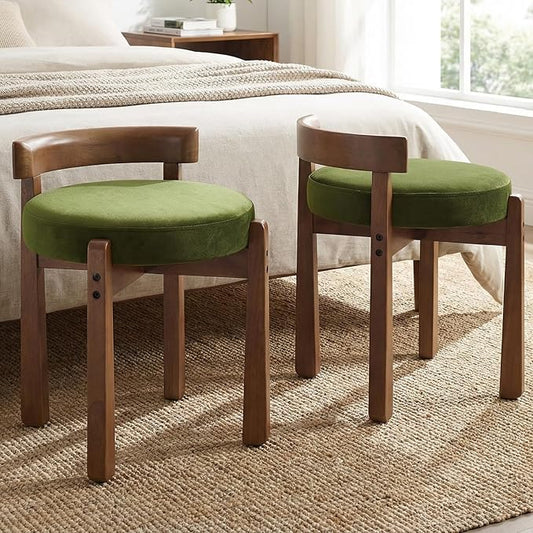 HNY Vintage Green Velvet Makeup Ottoman Set of 2 Compact Round Vanity Chairs with Wooden Legs, Perfect for Small Spaces Like Entryway, Cloakroom & Boudoir