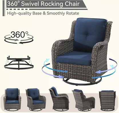 Outdoor Swivel Rocker Patio Chair - Outdoor Wicker Patio Glider Chair with Olefin Fabric Cushions Suitable for Backyard Deck and Porch, Blue