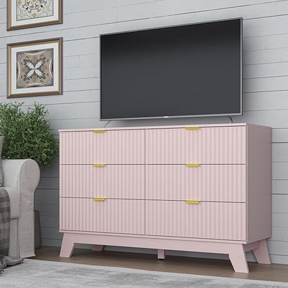Fluted 6 Drawer Dresser, 47.2" Wide Modern Boho Chest of Drawers, Wooden Storage Dresser TV Stand for Bedroom, Living Room, Closet, Hallway, Curved Profile Design