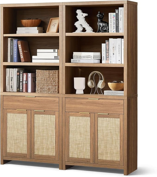 Hampstead Bookcase, Rattan Bookcase with Doors Cabinet and Drawer, 5-Tier Bookshelf, Large Wooden Book Case, Tall Bookshelves for Library Living Room (Weathered Oak, 2 Pieces)
