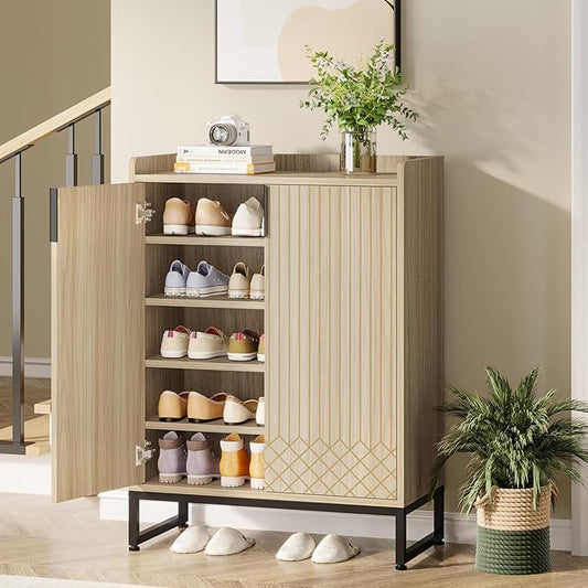 Tribesigns Shoe Cabinet with Doors,Natural 5 Tiers Shoe Storage Cabinet for Entryway, 25 Pairs Wooden Shoe Rack Cabinet, Modern Shoe Organizer Storage for Living Room, Bedroom, Hallway, Closet