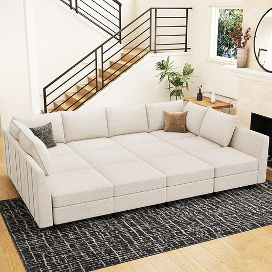 Belffin Oversized Modular Sectional Sofa Sleeper Sectional Couch with Storage Chenille Sofa Bed for Living Room, 12 Seats, Beige