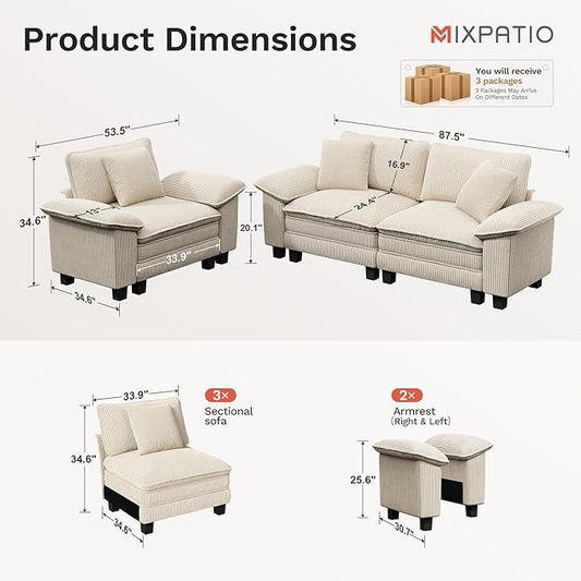 L-Shaped Cloud Modular Sofa Set with Chaise, Deep Seat 3-Piece Sectional & Removable Arms, Plush Corduroy for Living Room - Beige