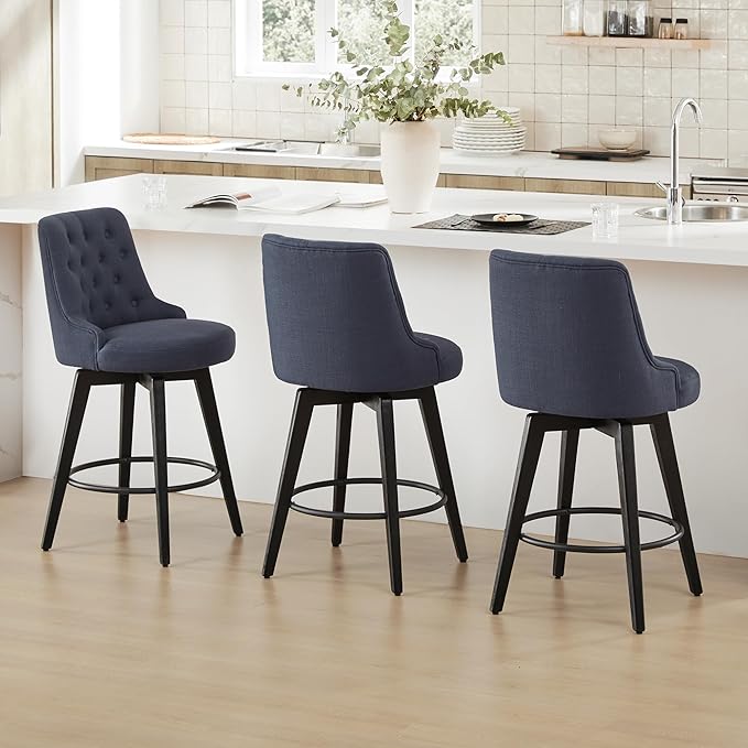 Watson & Whitely Counter Height Bar Stools Set of 3, Performance Fabric Upholstered Modern Swivel Barstool with Back, Solid Wood Legs, 26" H Seat, Insignia Blue
