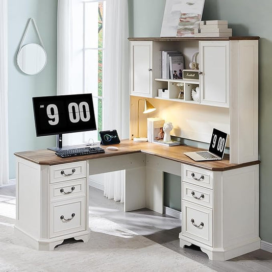 T4TREAM L Shaped Desk with Hutch,59" Farmhouse Wood Home Office Executive Desk,Charging Station,File Drawer, Storage Cabinet,Computer Desk for Work and Study (Antique White)