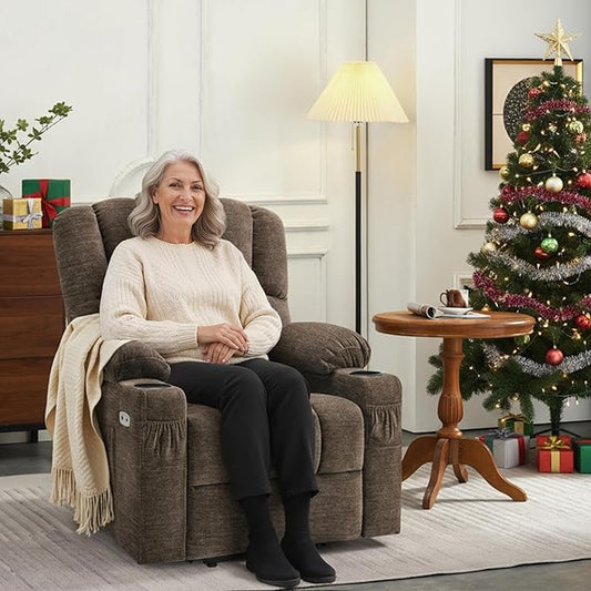 MCombo Power Lift Recliner Chair for Elderly, Lift Chair with Heat and Massage, USB &Type C Ports, Cup Holders, Fabric 7095 (Medium, Mocha)