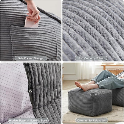 Cloud Bean Bag Chair with Ottoman for Adults, Comfy Corduroy Chaise Lounge Chair with High-Resilience Foam, Oversized Boneless Reading Chair for Bedroom & Living Room